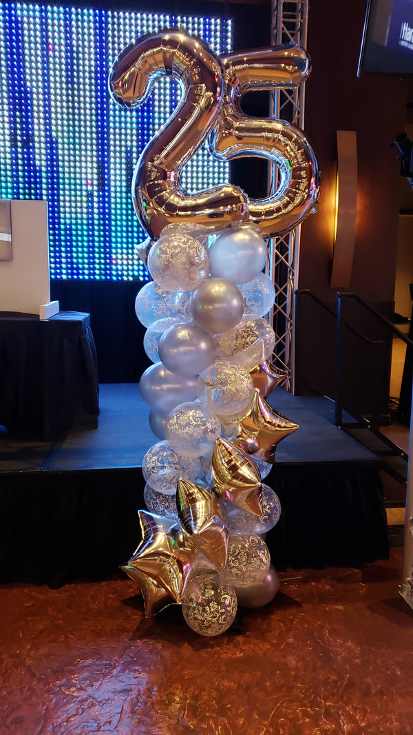 6' Custom Column With Damask Balloons and Foil Stars, Topped With Two 34